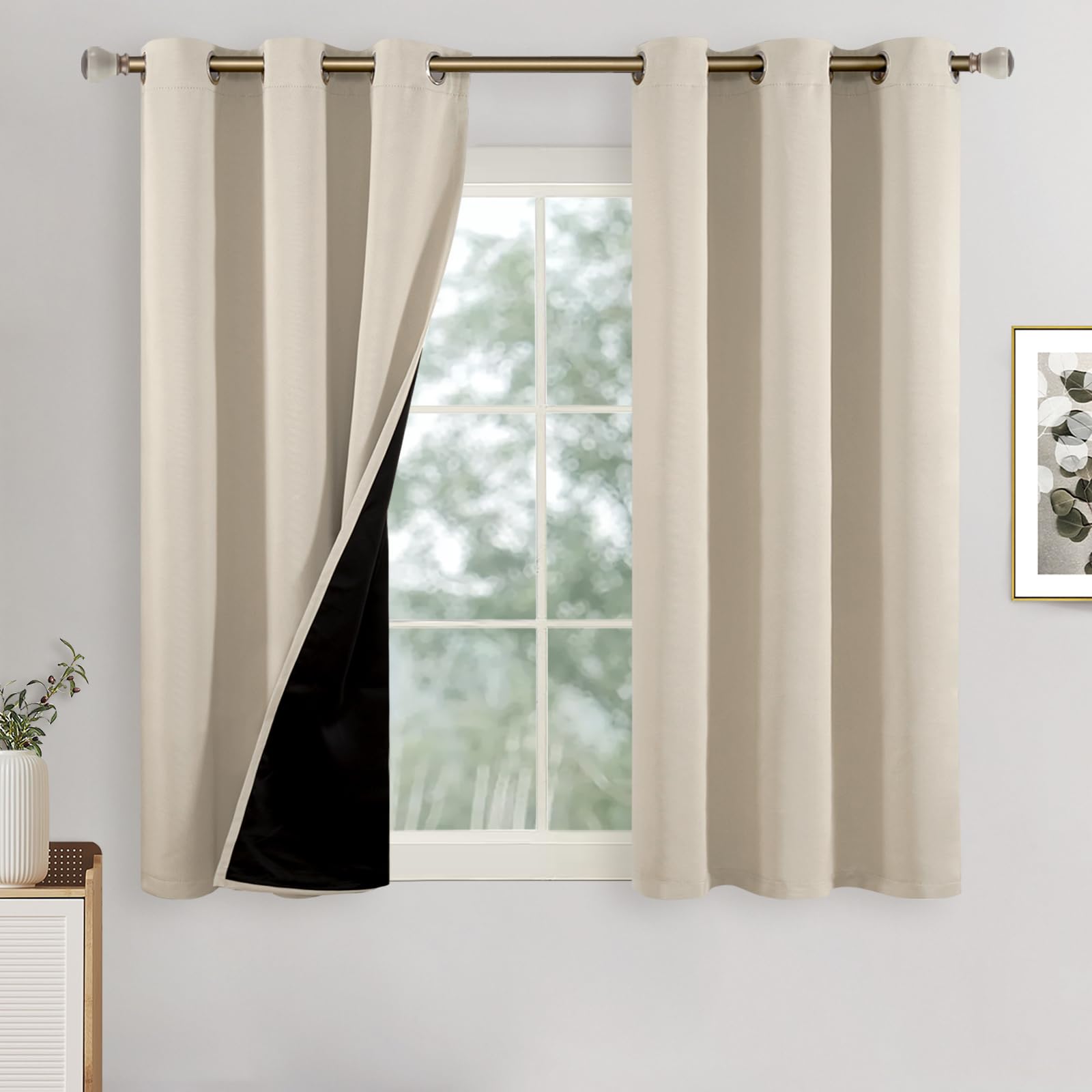 Champagne blackout curtains with black liner, thermal insulated and soundproof, ideal for bedroom, 45-inch length, 2-panel set.