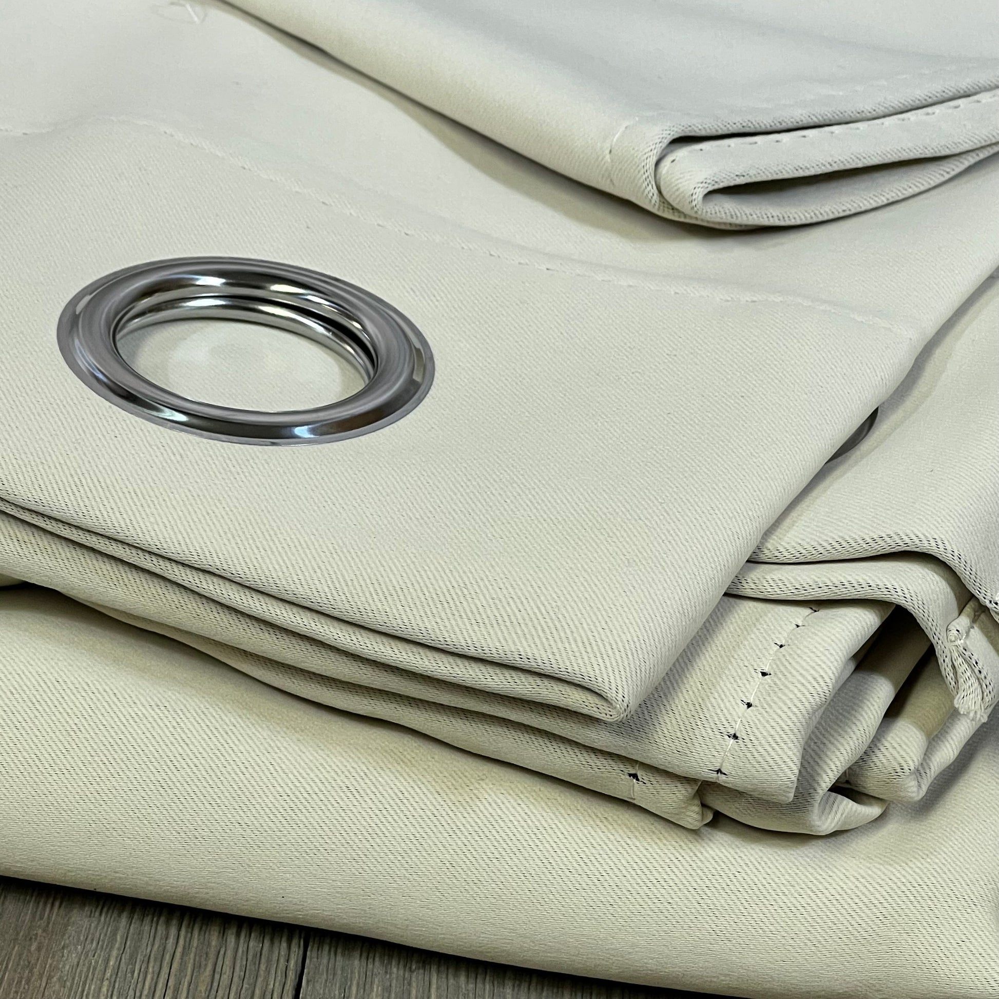 Beige NICETOWN kitchen curtains with grommet detail, thermal insulated, room darkening, 42x63 inches, 2 panels.