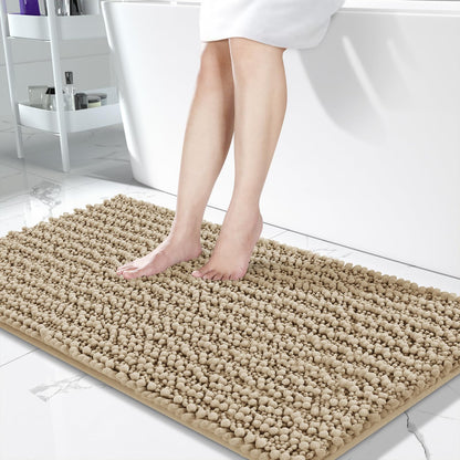 Soft chenille bath rug in pale khaki, absorbs moisture, non-slip, perfect for bathroom floors, size 55 x 24 inches.