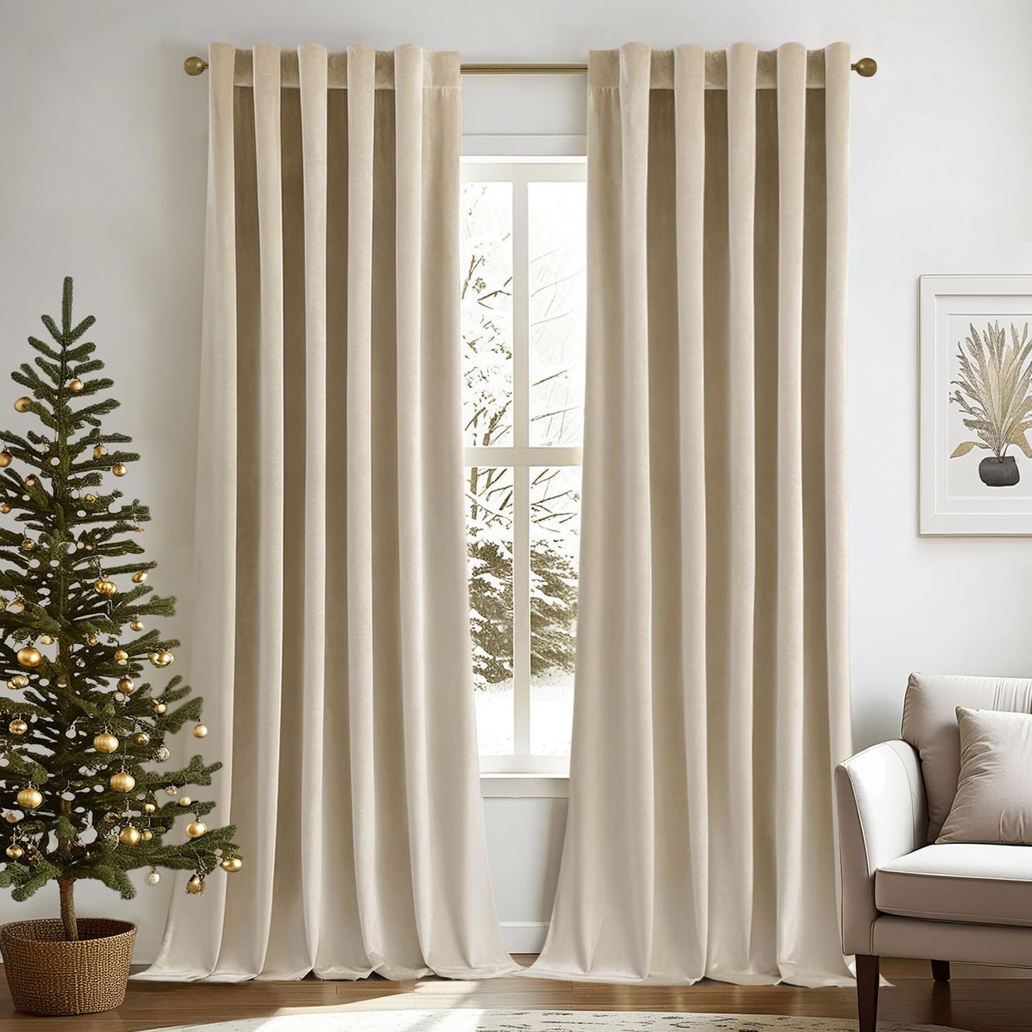 Beige velvet blackout curtains in living room, 90 inches long, thermal insulated for luxury and privacy.