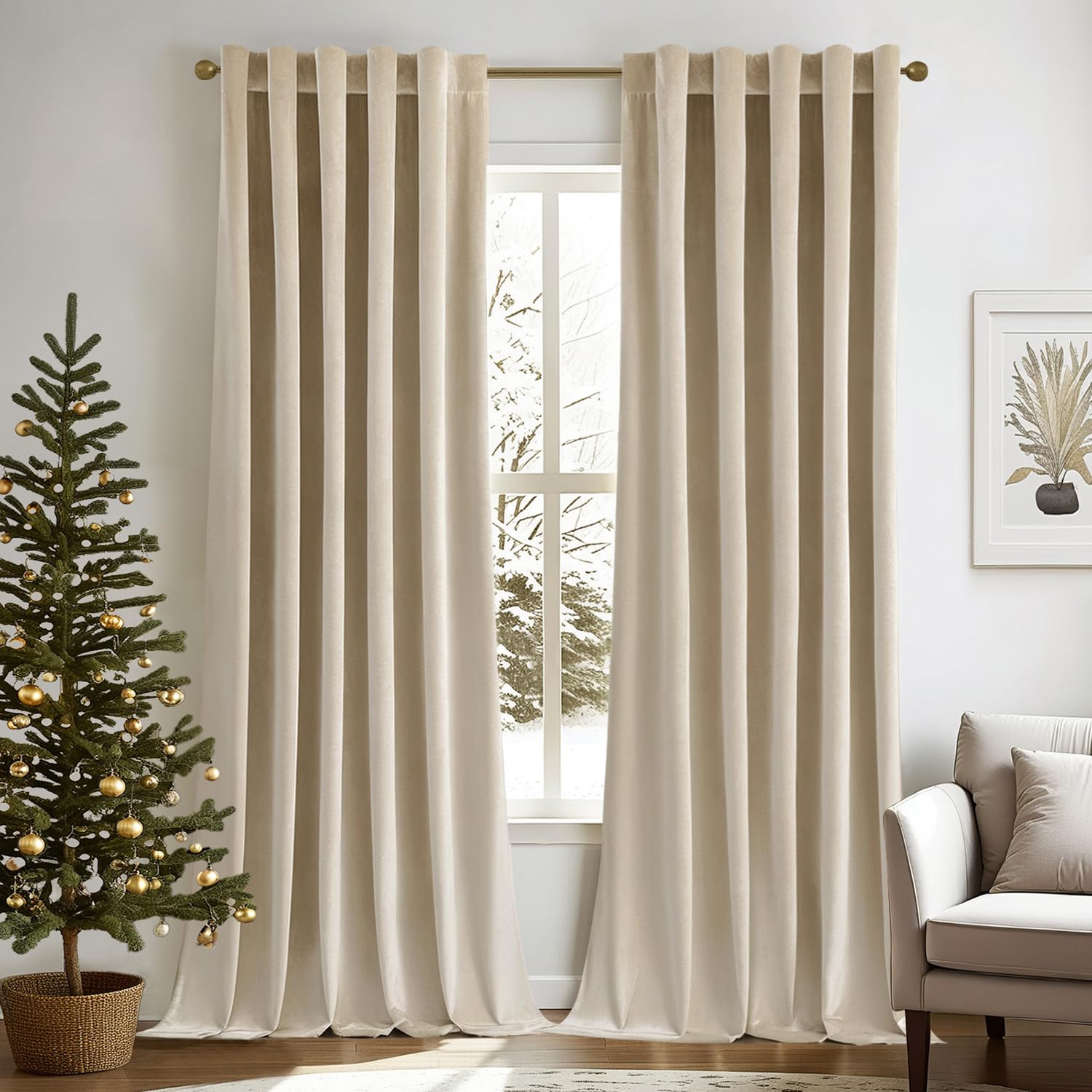 Beige velvet blackout curtains in living room, 90 inches long, thermal insulated for luxury and privacy.