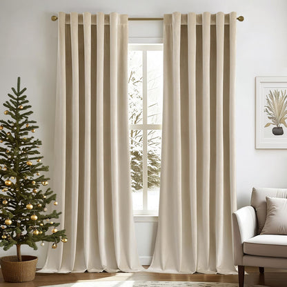 Beige velvet blackout curtains in living room, 90 inches long, thermal insulated for luxury and privacy.