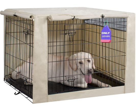 Light tan polyester dog crate cover for 24-inch wire kennel, providing durable windproof protection indoors and outdoors.