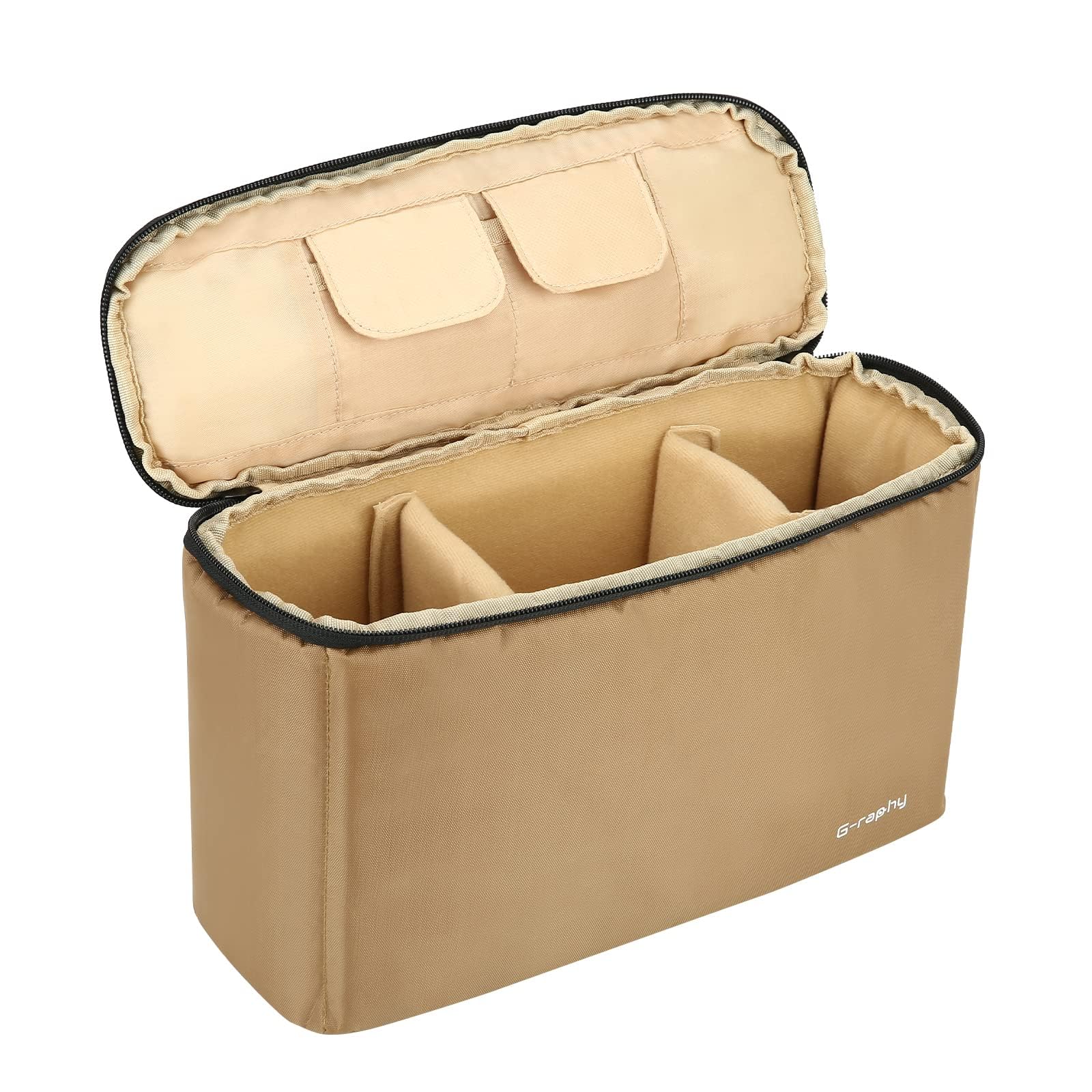 Beige DSLR camera insert bag with adjustable dividers, perfect for organizing lenses and accessories in a backpack.