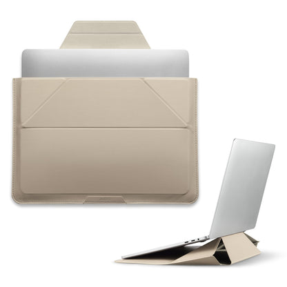 Ultra-slim MOFT laptop sleeve bag in beach white, holds 15"-16" MacBook, features expandable storage and adjustable stand.