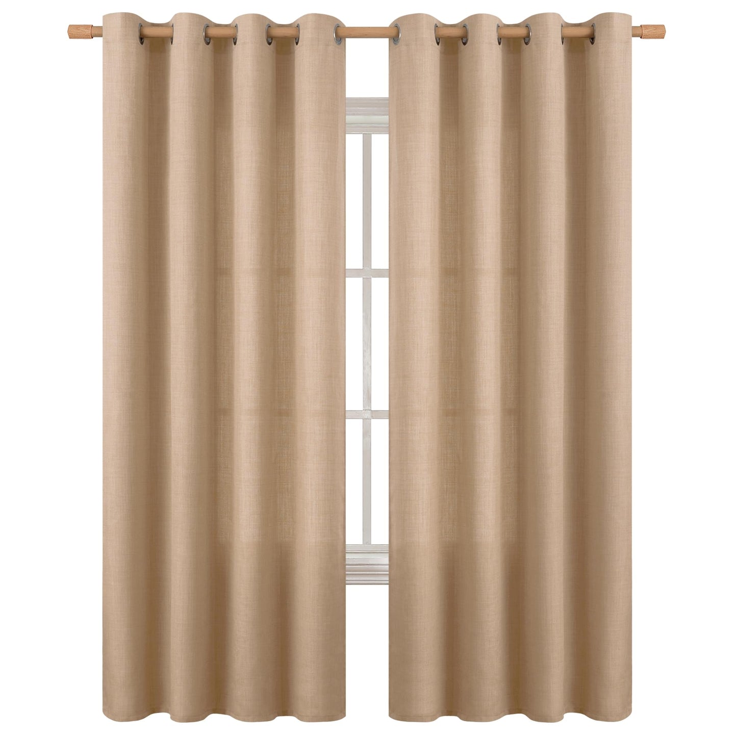 Faux linen curtains in tan with burlap texture, 90 inches long, offering light filtering and privacy for living room windows.
