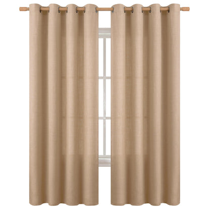 Faux linen curtains in tan with burlap texture, 90 inches long, offering light filtering and privacy for living room windows.