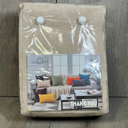 Beige chenille throw pillow covers in packaging, showcasing a cozy living room setup with colorful cushions.