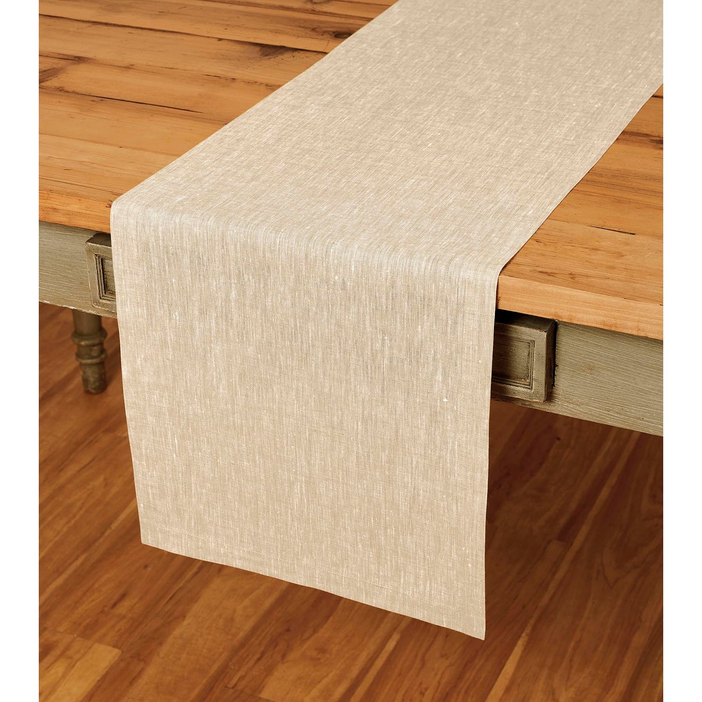 Champagne beige linen table runner on a wooden table, perfect for spring and summer decoration, 14 x 36 inches.