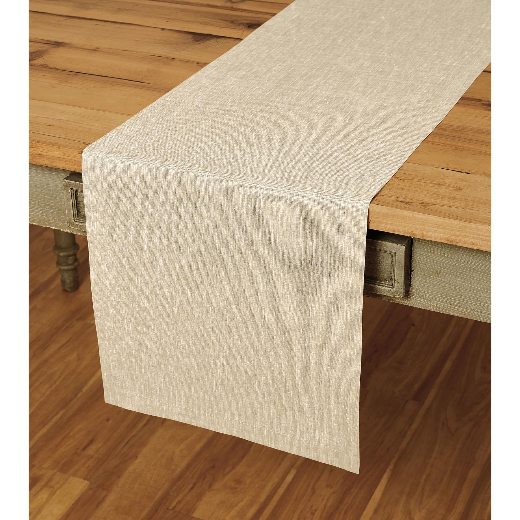 Champagne beige linen table runner on a wooden table, perfect for spring and summer decoration, 14 x 36 inches.