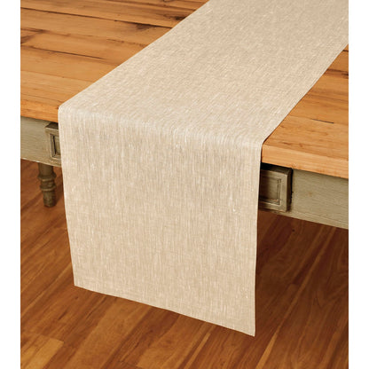 Champagne beige linen table runner on a wooden table, perfect for spring and summer decoration, 14 x 36 inches.