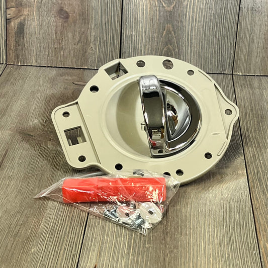Tan chrome bolt inside door handle for Jeep 06-10 Commander, shown with installation accessories on wooden background.