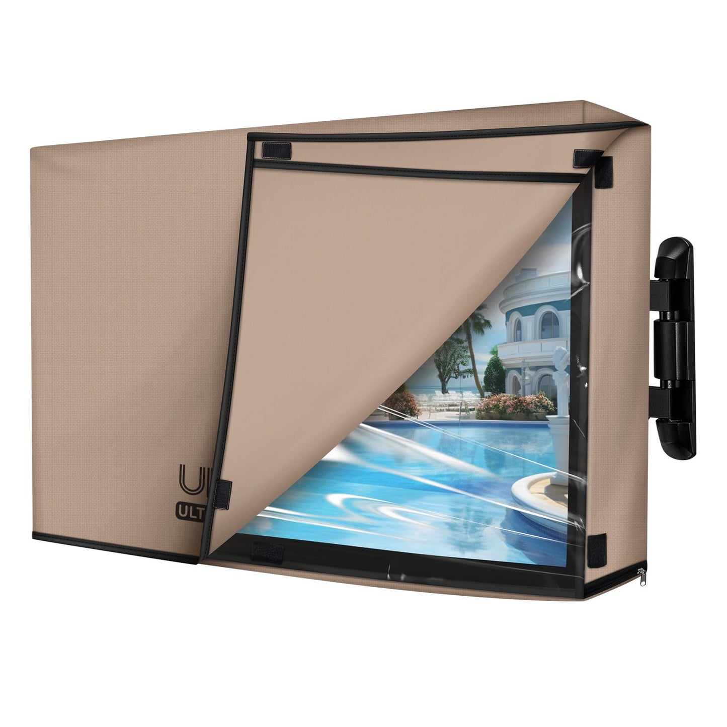 ULTCOVER waterproof TV cover with clear front flap, fits 50-54 inch outdoor screens, beige protective case.