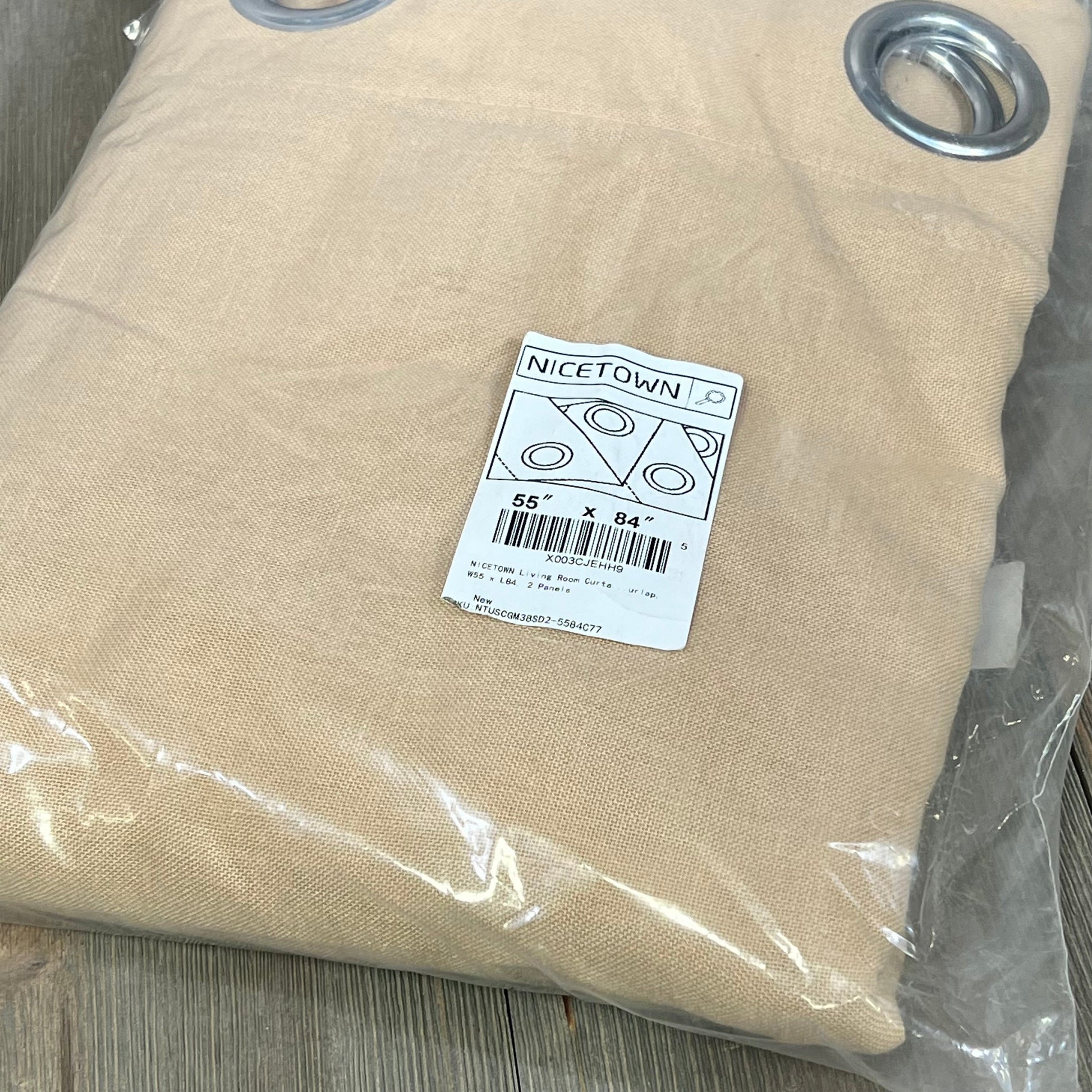 NICETOWN burlap linen-blend curtains, 84-inch length, packaged with grommet design for living room or farmhouse decor.