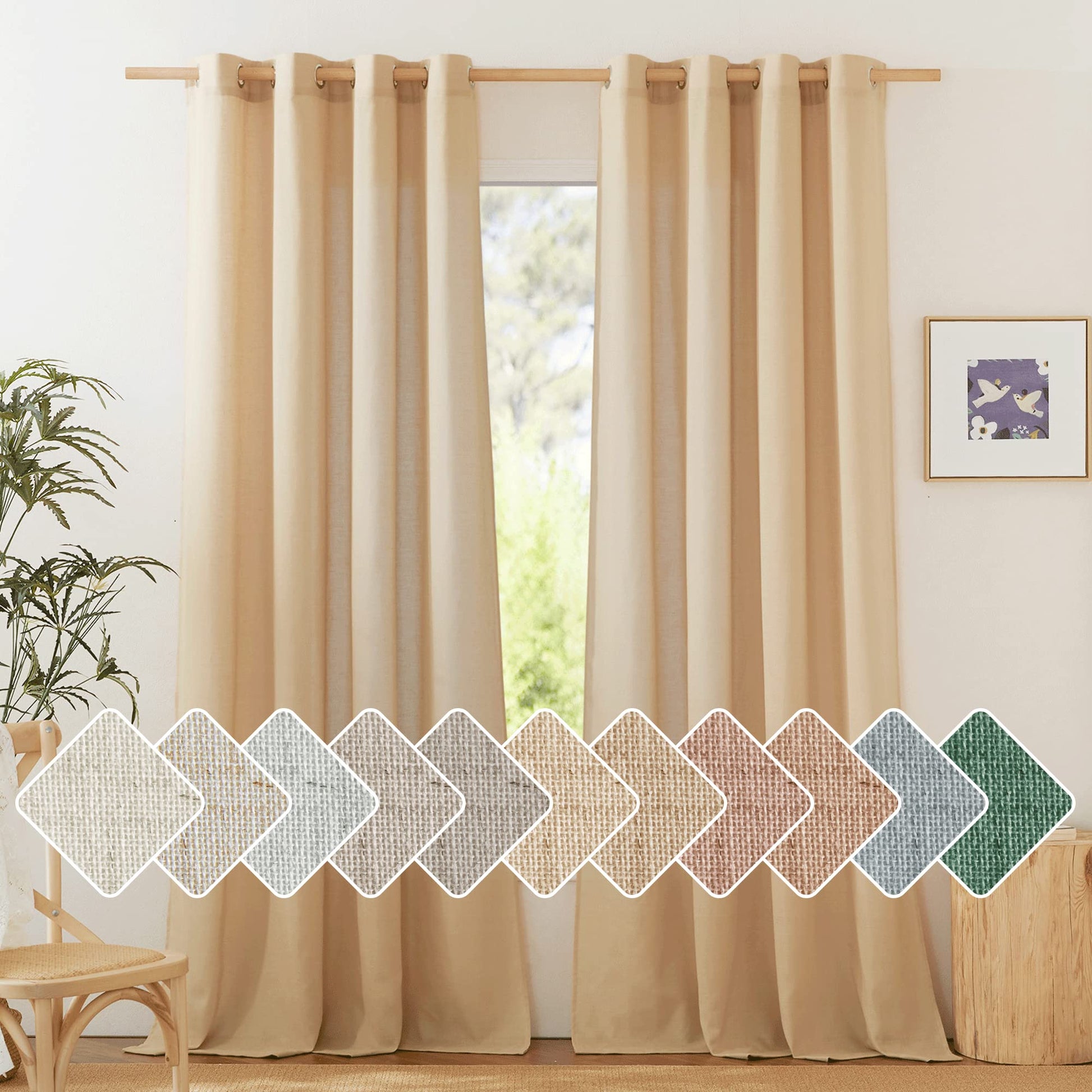 Nicetown burlap linen blend curtains with grommets, 84-inch length, semi-sheer for privacy in living room decor.