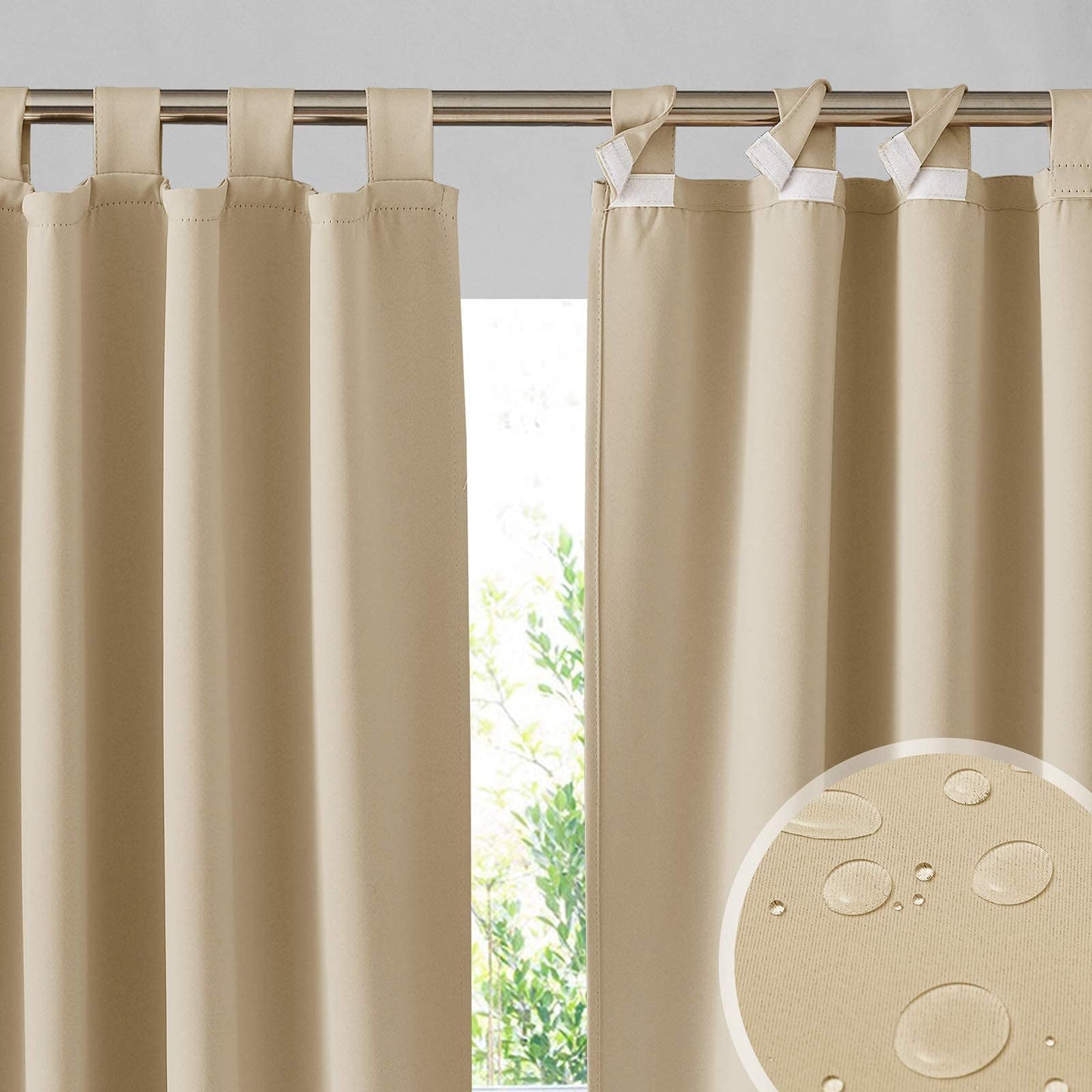 Beige waterproof outdoor curtains, blackout privacy for patio doors, 52x108 inches, ideal for gazebo or pool areas.