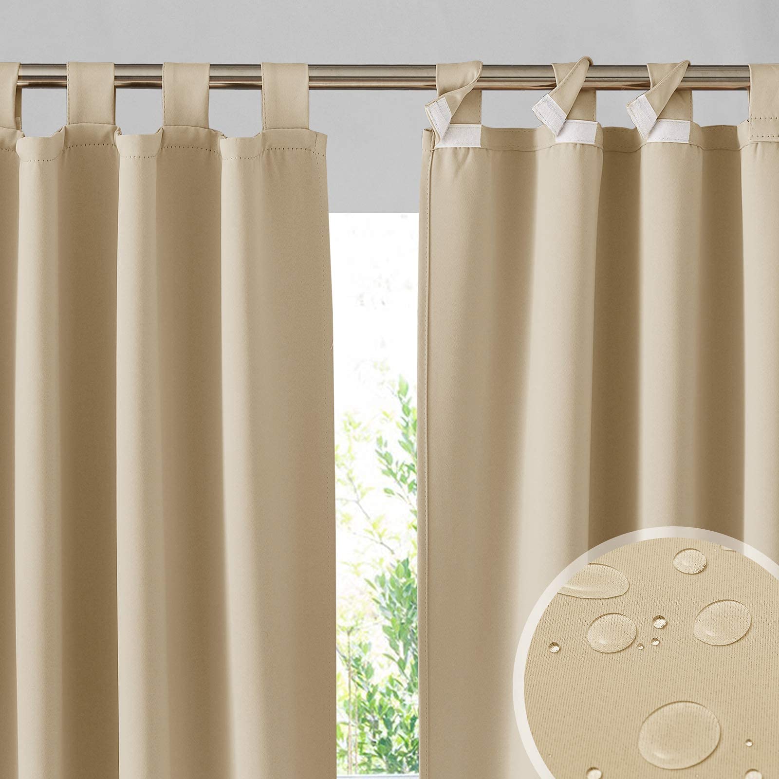 Beige waterproof outdoor curtains, blackout privacy for patio doors, 52x108 inches, ideal for gazebo or pool areas.