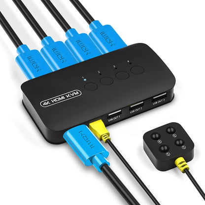 4K HDMI KVM switch with four blue HDMI cables and USB ports for seamless connectivity, including remote control.