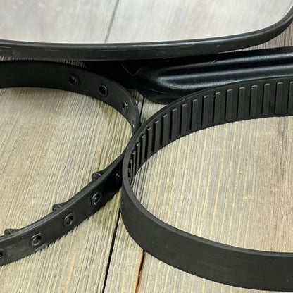 Close-up of MirroGuard towing mirror extension straps, showcasing durable, adjustable design for pickups, RVs, and trailers.