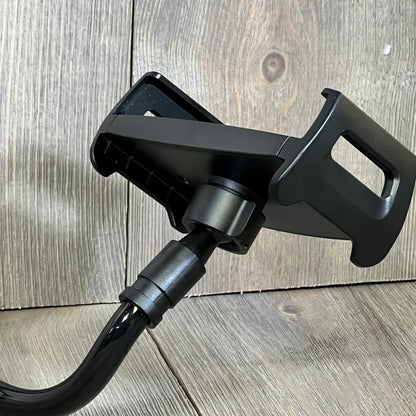Black tablet stand holder with flexible gooseneck arm, ideal for iPad, iPhone, and Kindle.