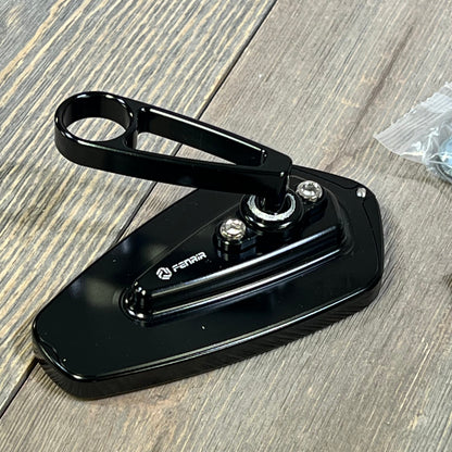 CNC aluminum black motorcycle bar end mirror with side folding design for 22MM handlebars, ideal for sport and street bikes.