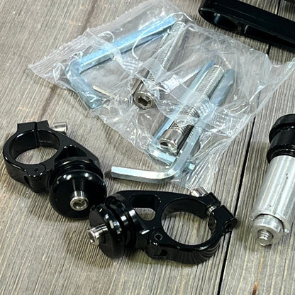 Black CNC aluminum alloy bar end mirror clamps and hardware for cafe racer motorcycles, featuring universal fitment.
