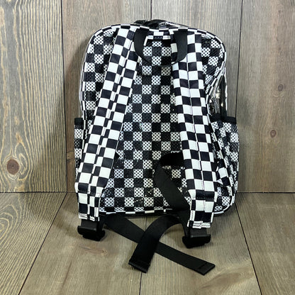 Clear mini backpack with checkered strap design, ideal for stadium events, concerts, and secure travel.