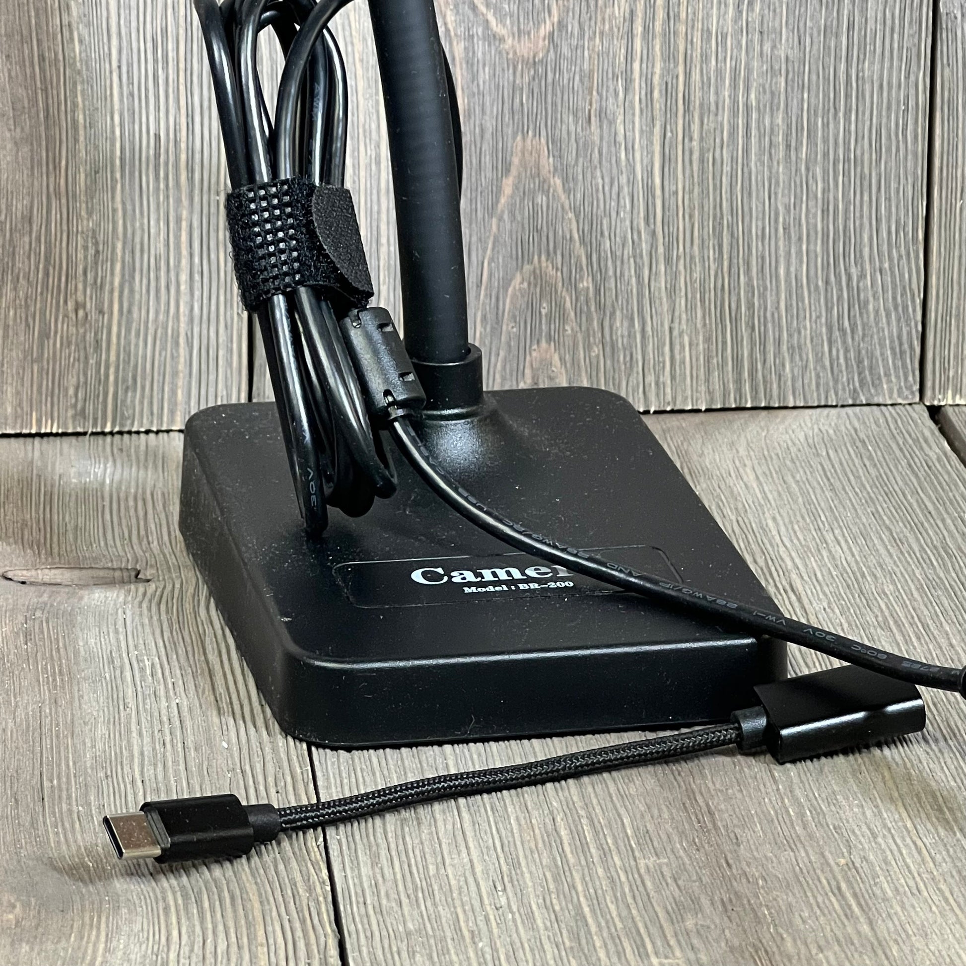 USB Document Camera base with organized cables, ideal for teachers and remote learning, compatible with multiple devices.