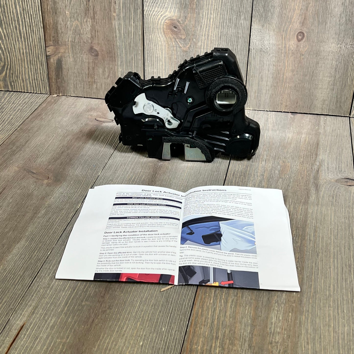 Power door lock actuator and installation guide for Toyota, Lexus, and Scion models on a wooden surface.