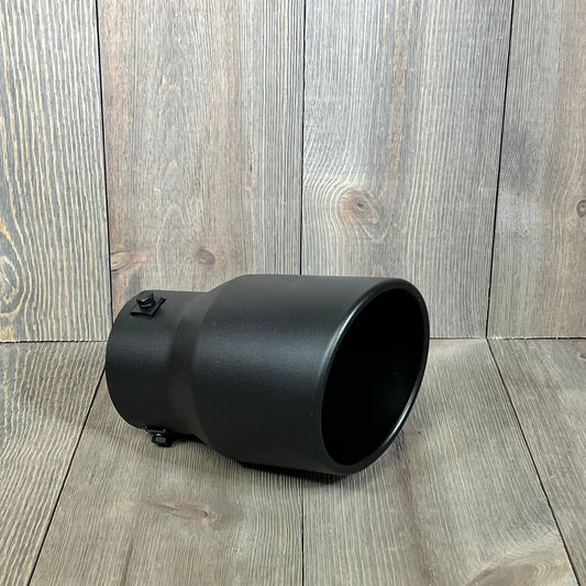 Black powder-coated stainless steel exhaust tip, adjustable 2.5-3 inch inlet, 4.5 inch outlet, 7 inch long muffler tip.