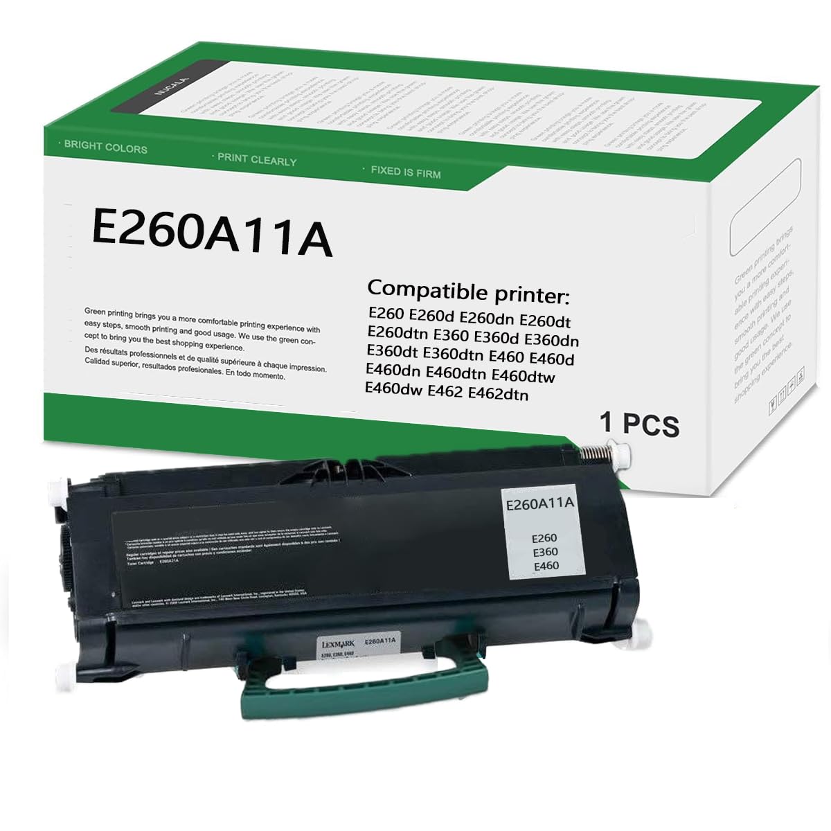 Toner Cartridge Replacement E260A11A for Lexmark E260 E360 E460 printers, shown with packaging box.