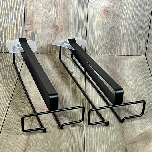 Black under-cabinet wine glass rack with two holders for stemware storage, ideal kitchen organizer for hanging wine glasses.
