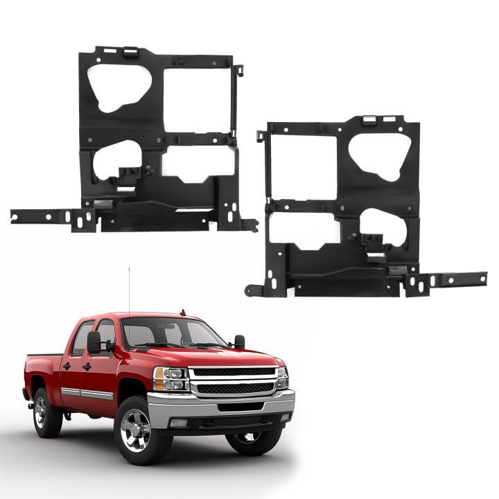 Black headlight bracket mounting panels for 1999-2006 Chevy Silverado and GMC Sierra, shown with a red truck.