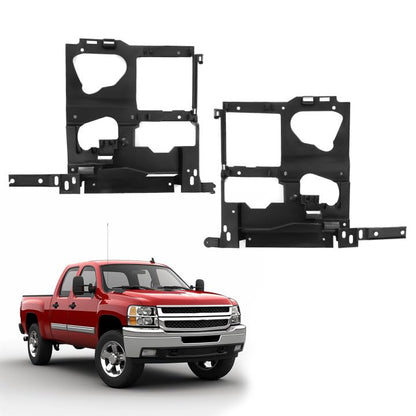 Black headlight bracket mounting panels for 1999-2006 Chevy Silverado and GMC Sierra, shown with a red truck.