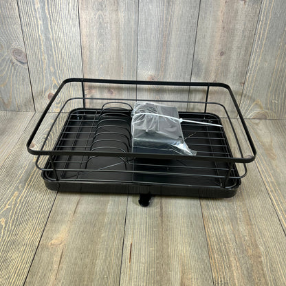 Black stainless steel Kitsure dish drying rack with cutlery holder, designed for kitchen counter space-saving.