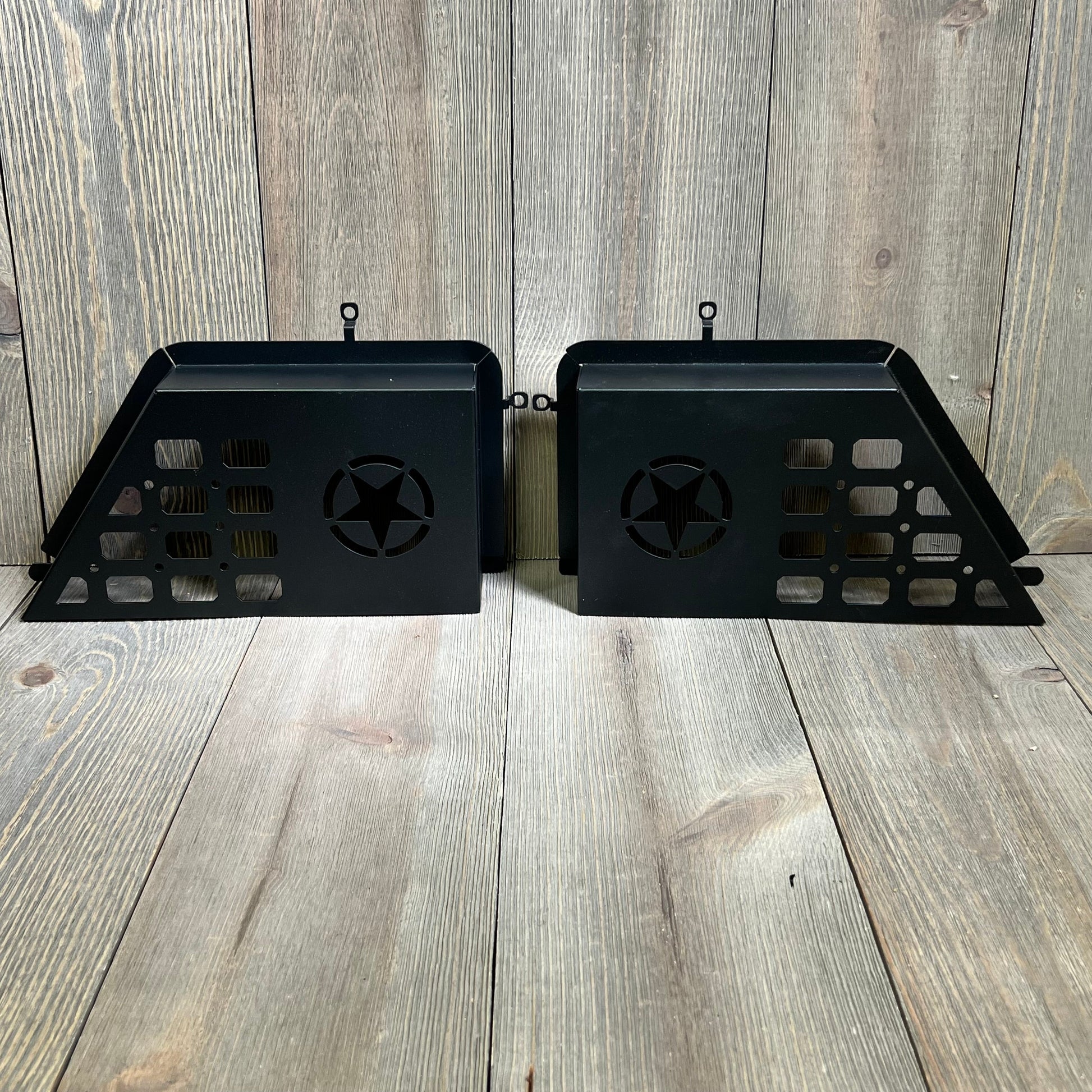 Black metal front door storage pockets for 2011-2018 Jeep Wrangler JK JKU, featuring star cutout design, 2-pack set.