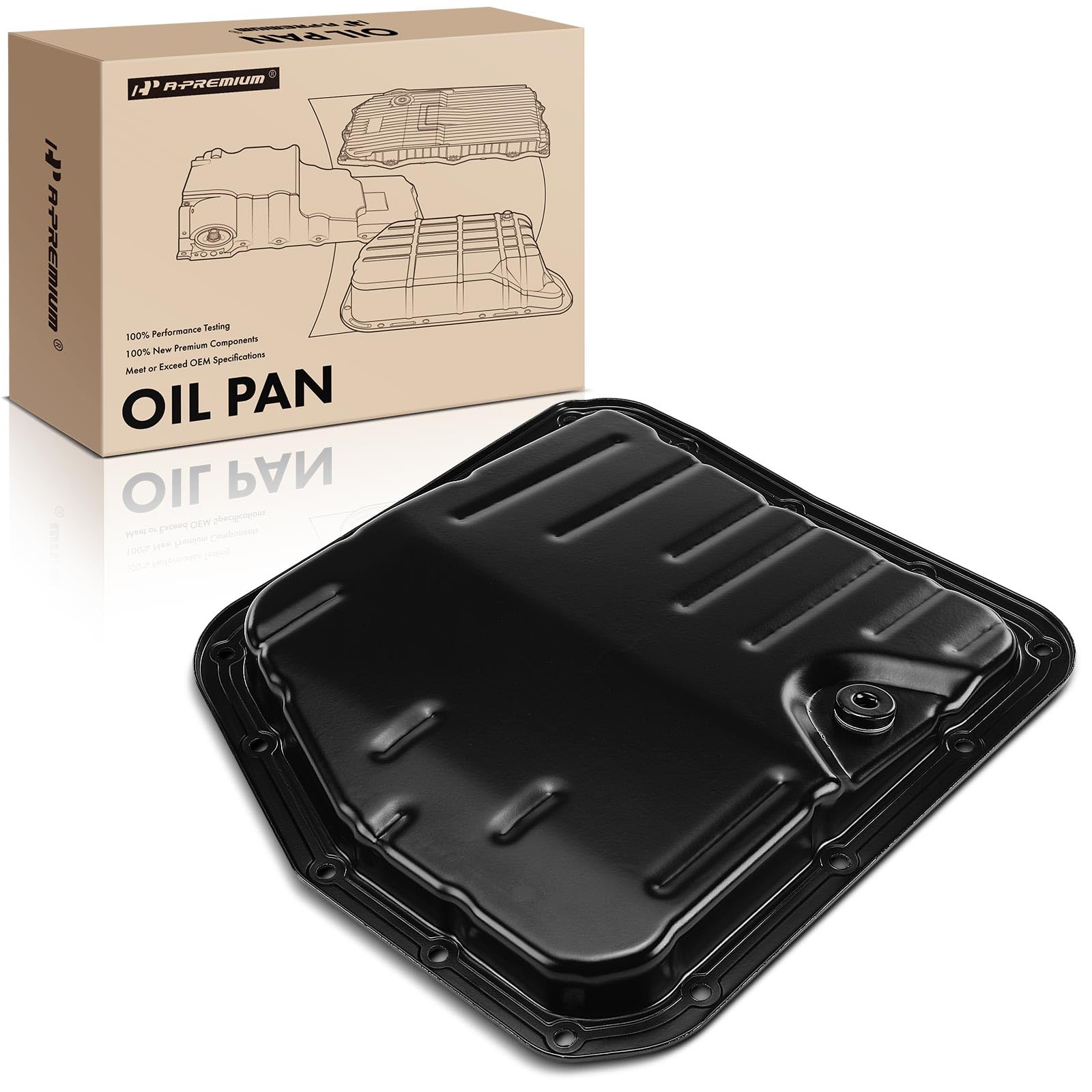 Premium transmission oil pan with drain plug, compatible with Toyota Camry, Celica, Corolla, Tercel, 15 bolt hole design.