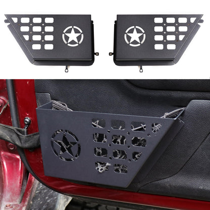 Black metal front door storage pockets with star design for 2011-2018 Jeep Wrangler JK, shown installed on a vehicle door.