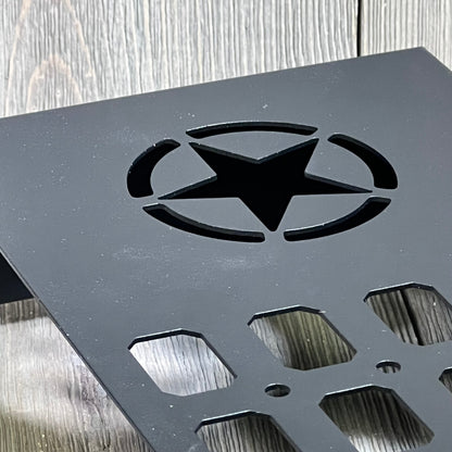 Black metal Jeep Wrangler door organizer with star design for 2011-2018 models, enhancing interior storage.