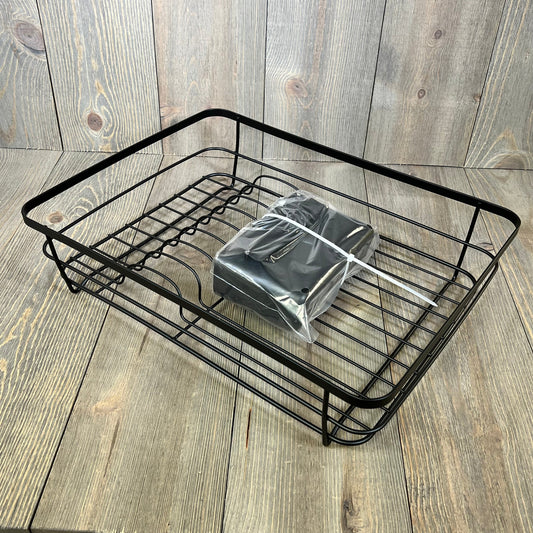 Space-saving Kitsure dish drying rack in black with cutlery holder, ideal for kitchen counters.