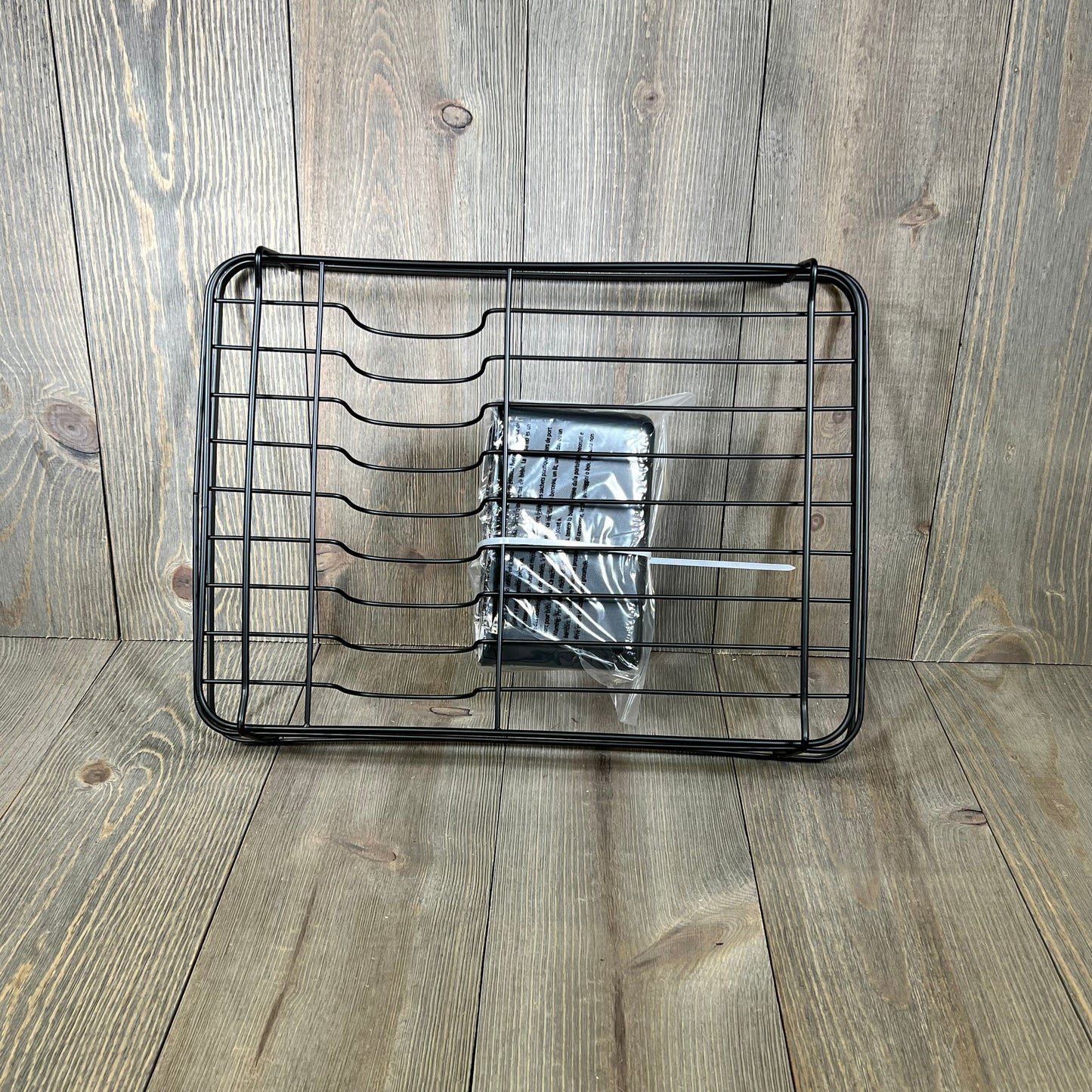 Space-saving black dish drying rack with cutlery holder, ideal for kitchen counters, stainless steel, 12''W x 15''L.