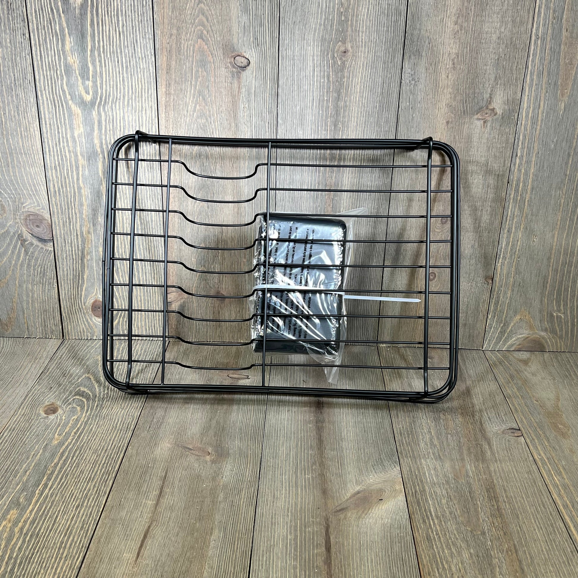 Space-saving black dish drying rack with cutlery holder, ideal for kitchen counters, stainless steel, 12''W x 15''L.