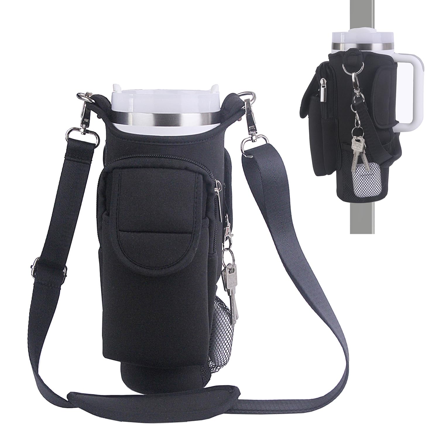 Black 40oz water bottle carrier bag with detachable shoulder strap, 5 magnets, and storage pouches, fits Stanley Cup.