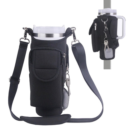 Black 40oz water bottle carrier bag with detachable shoulder strap, 5 magnets, and storage pouches, fits Stanley Cup.