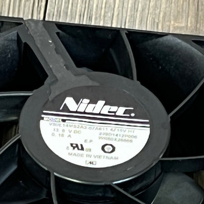 Nidec fan motor for GE Appliances Refrigerator Evaporator, model WR60X26866, WR60X26033, 13.6V DC, close-up view.