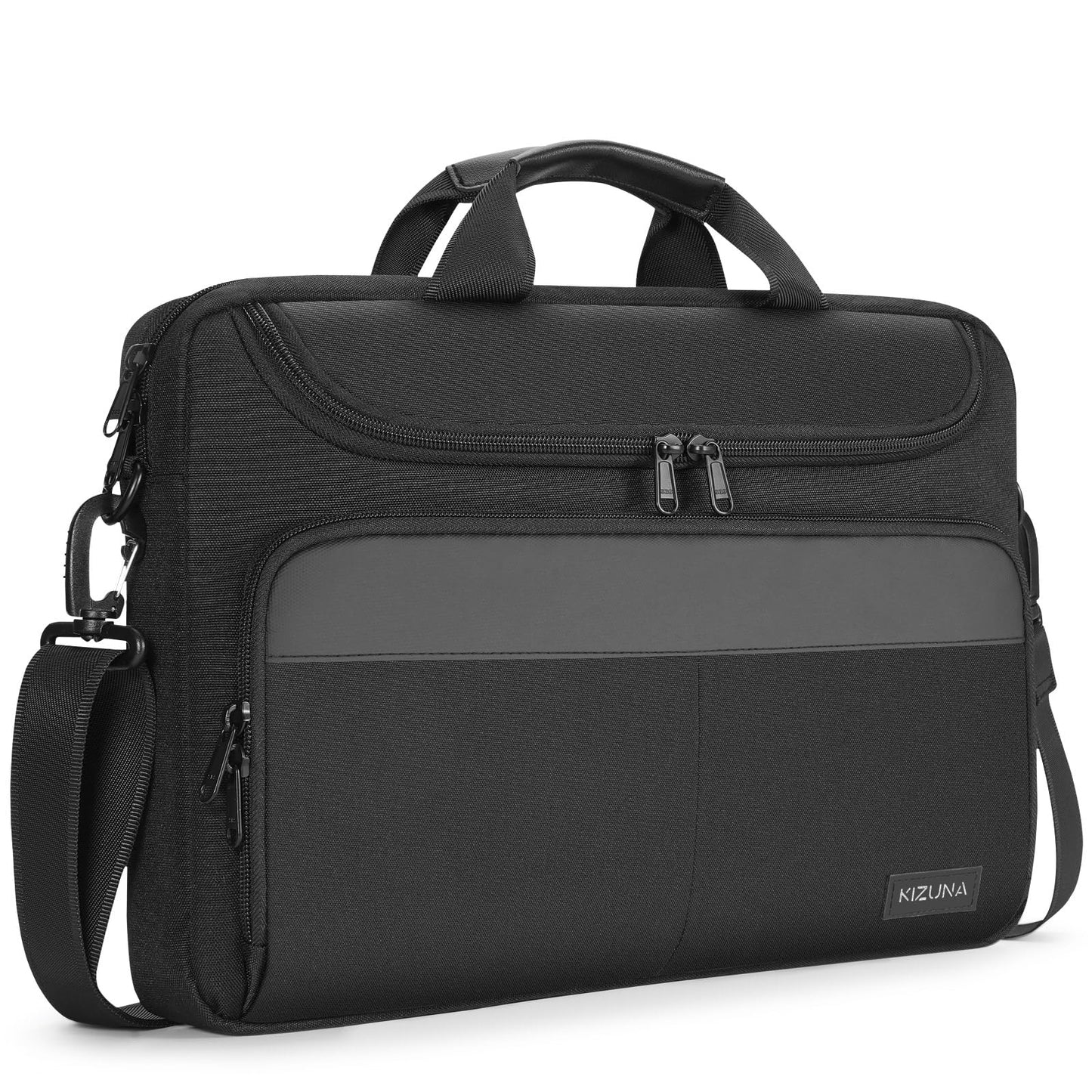 Black KIZUNA 17-inch laptop bag with dual zippers, padded handle, and detachable shoulder strap for gaming and work laptops.