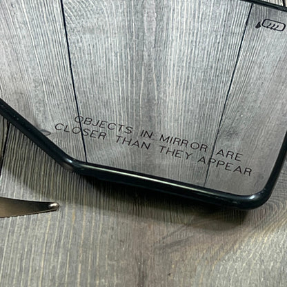 Passenger side heated mirror glass with "Objects in mirror are closer" warning, Dorman 56316, plastic backed.