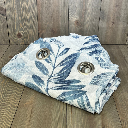 Blue leaf print linen curtains with grommets, 63 inch length, perfect for living room privacy and light filtering.