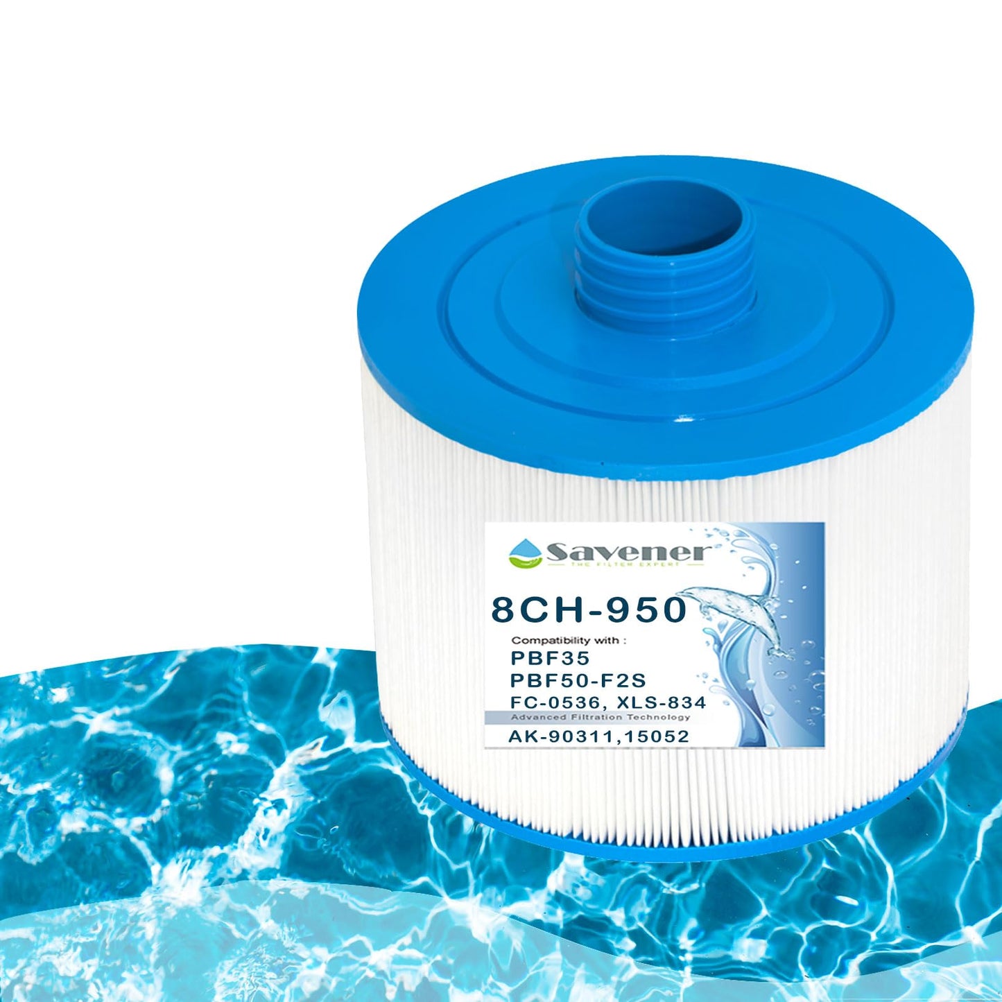 Spa filter cartridge 8CH-950 with blue cap, compatible with PBF35, PBF50-F2S, for Bullfrog spas, 50 sq.ft. filtration.