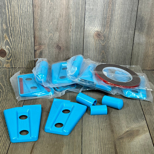 Light blue E-cowlboy door hinge cover trim set for 2007-2018 Jeep Wrangler JK JKU, 8-piece exterior accessory kit.